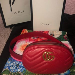 Gucci Red Matelassé Leather GG Marmont Belt Bag